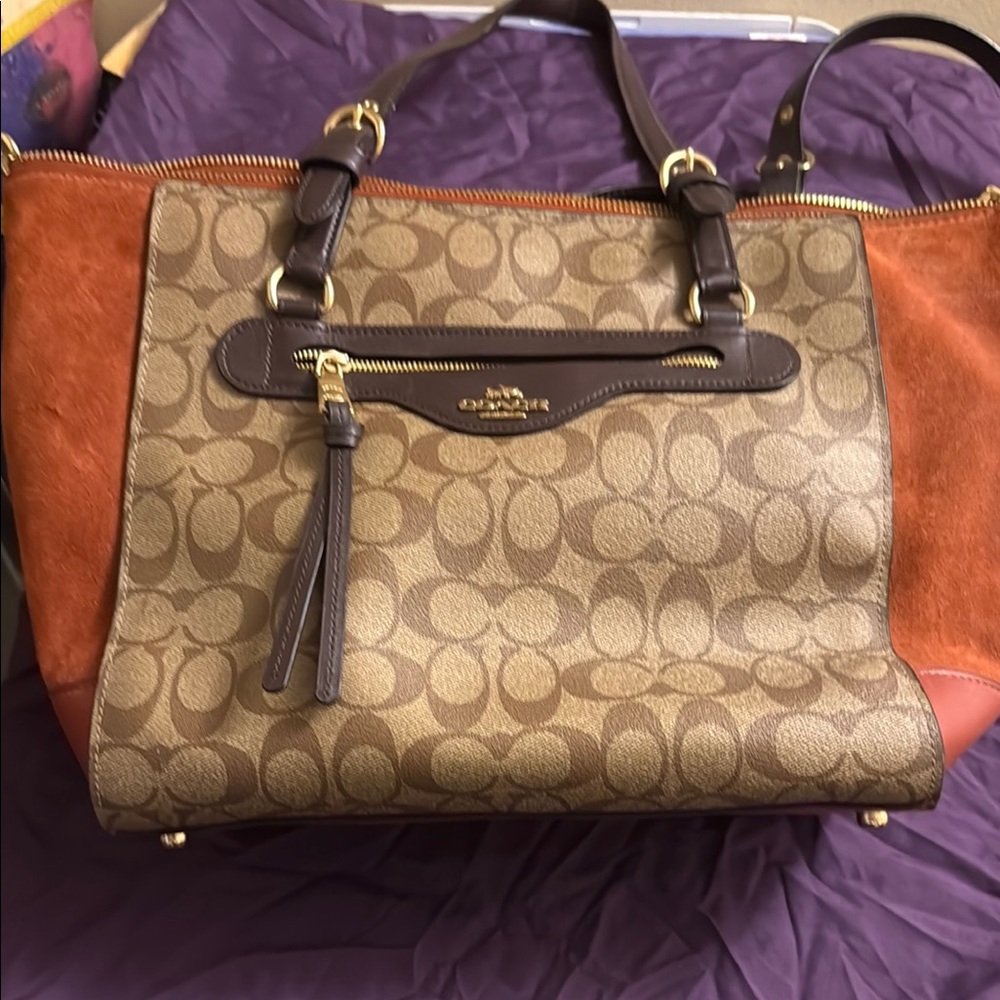 Coach Brown and Tan Signature Tote with Structured Design